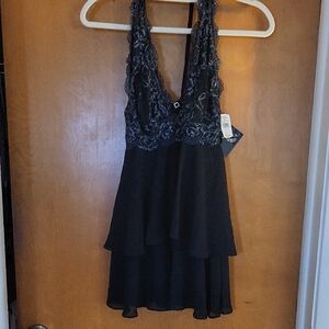 Black (with Teal) Lace V-Neck Tiered Lingerie.  Seductivewear By Cinema Etoile